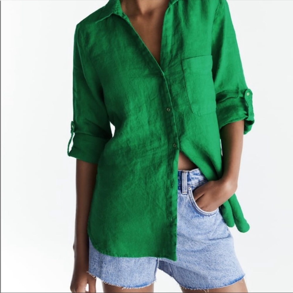 Zara Linen Green Button Down Large